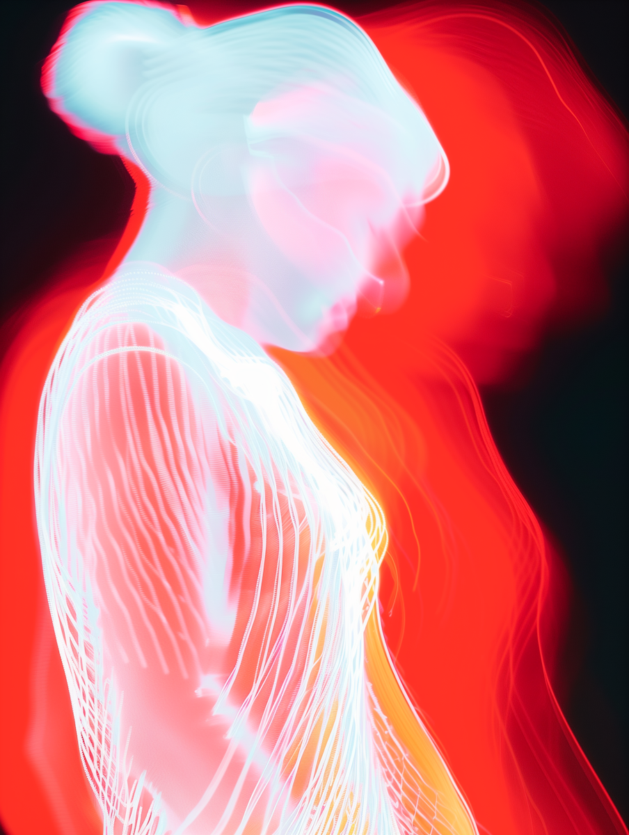 white vague image of a woman in profile surrounded by orange red aura