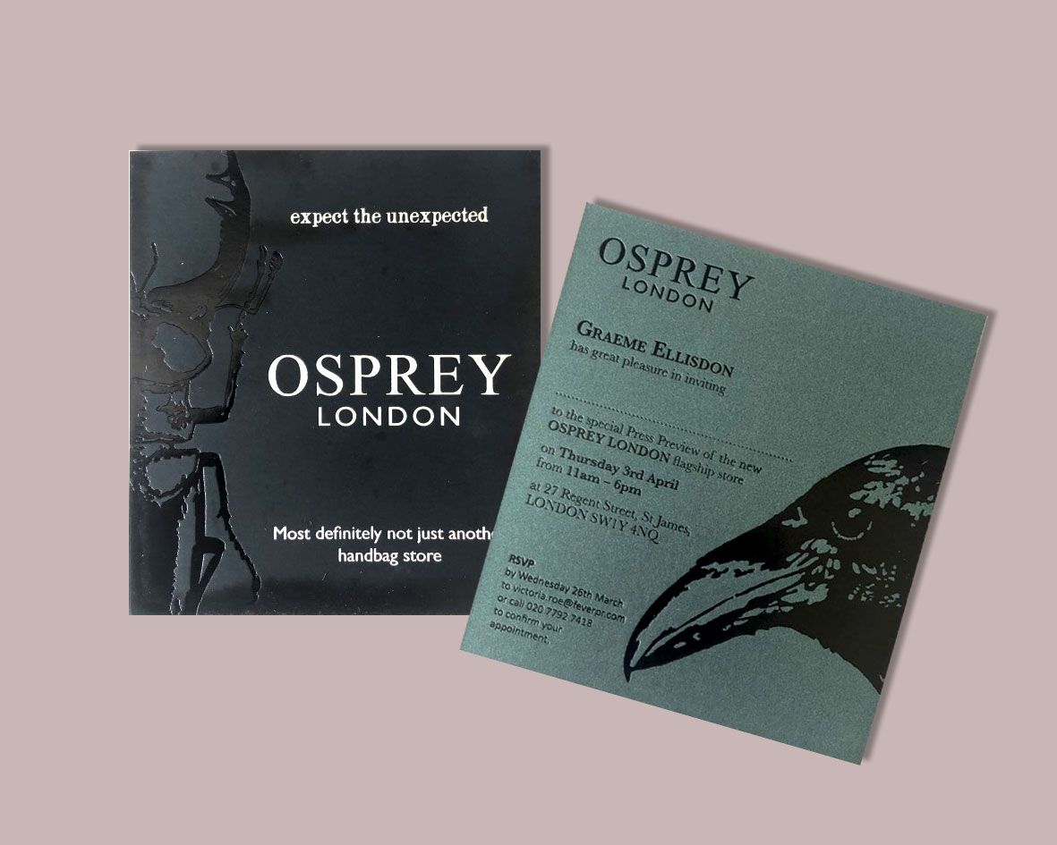 event invitation of metallic green paper and foiled with a black foiled raven head