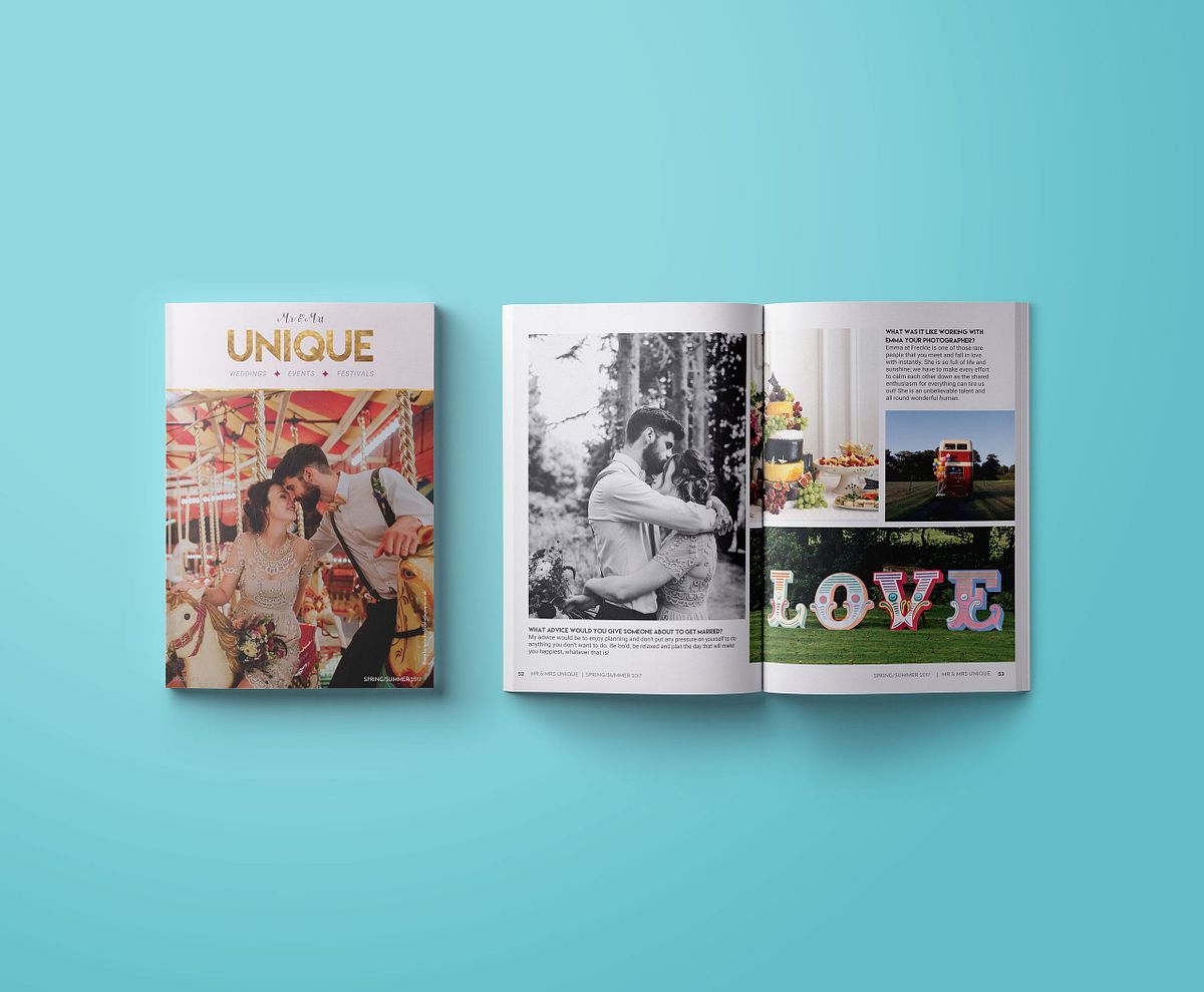 wedding magazine cover with couple on a carousel, spread with cut out letters spelling LOVE