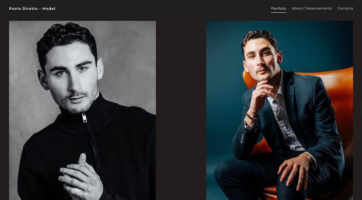 Paolo Diretto model portfolio website with measurements tab