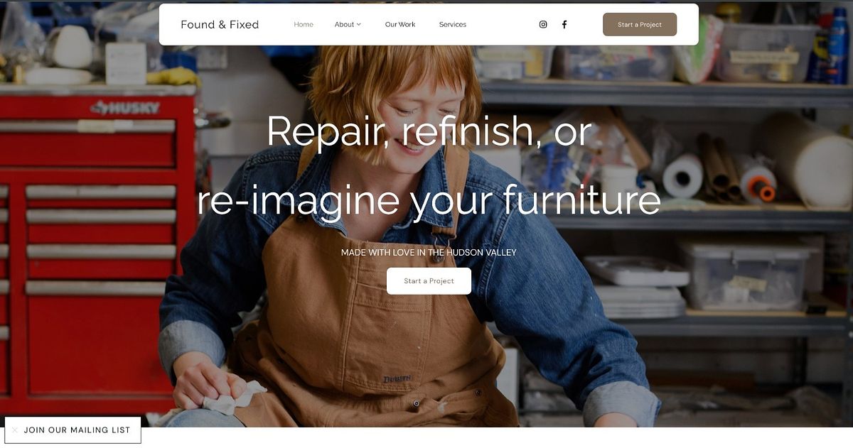 Found and Fixed homepage with a full-bleed photo of the maker at the workbench