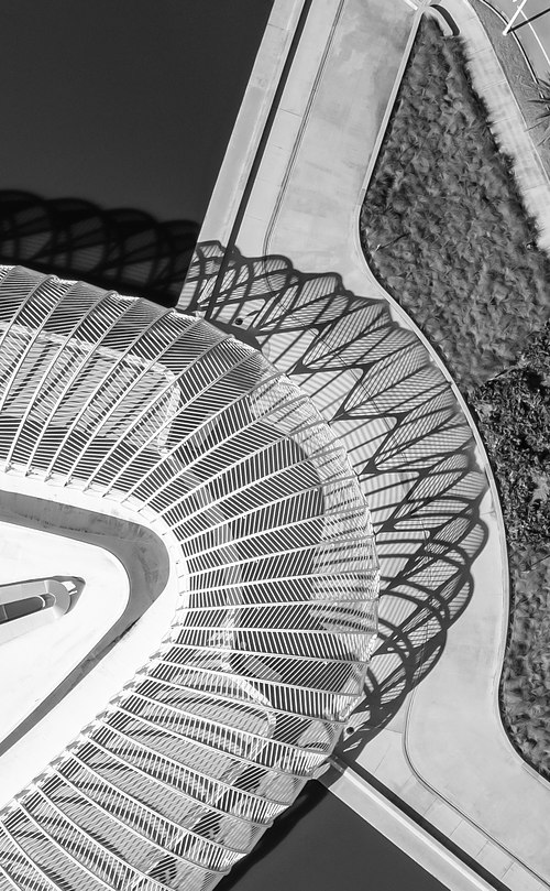 Top-down monochrome aerial perspective showcasing the futuristic geometric symmetry, repeating white ribs, and sharp patterns of the Florida Polytechnic University IST building.