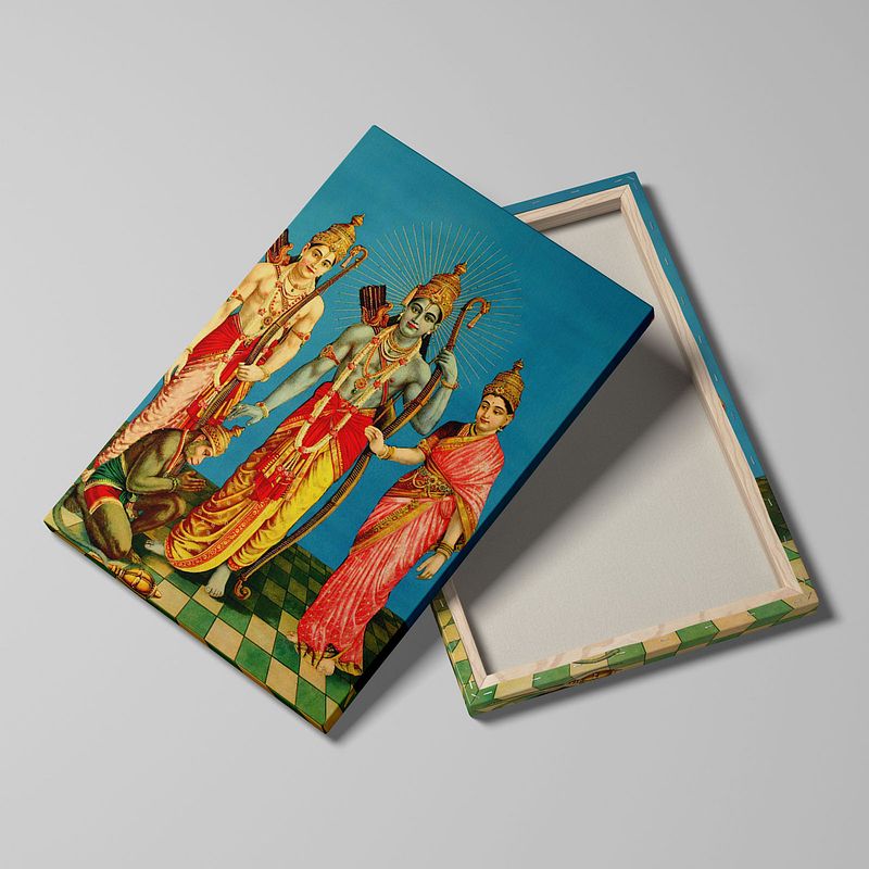 Divine Assembly: Rama, Sita, Lakshmana, and Hanuman by Raja Ravi Verma