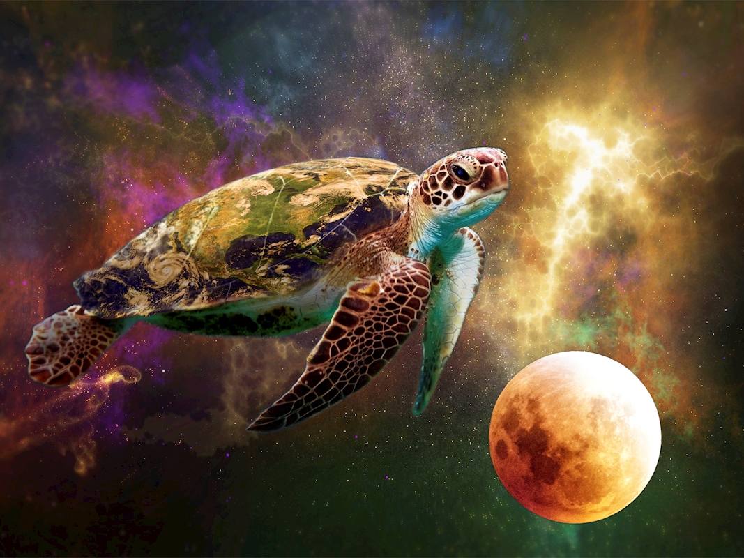 Eine kunstvolle Bildkomposition einer Meeresschildkröte, die durch ein farbenfrohes Universum schwebt, mit der Erde auf ihrem Panzer und einem leuchtenden Mond im Vordergrund