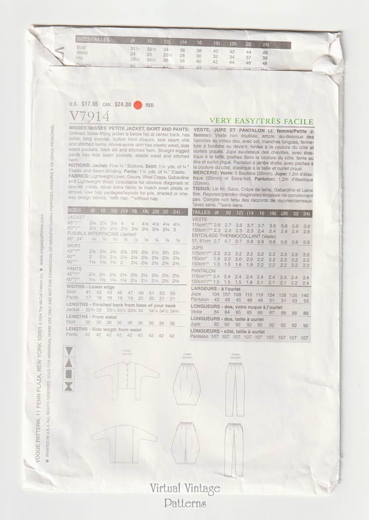 Womens Jacket, Skirt & Pants Pattern, Vogue V7914
