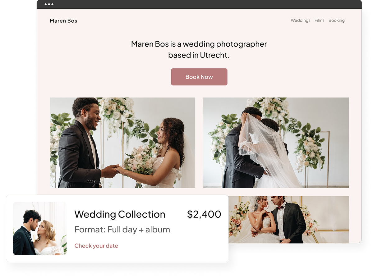 A wedding photography portfolio with client galleries, store and blog