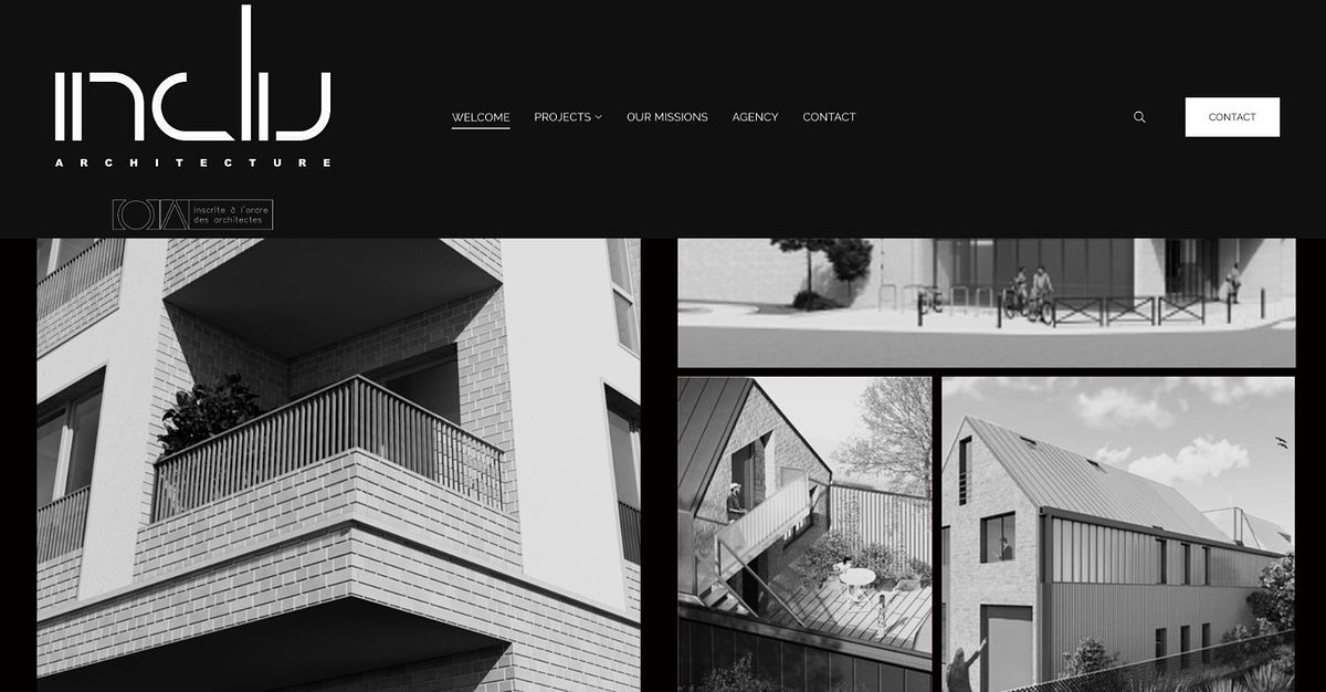 Inclu Architecture portfolio with a black header over black-and-white project photography, France