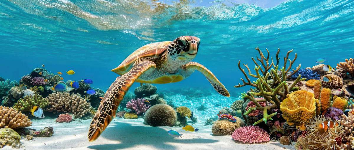 Sea turtle fine art metal print swimming in clear tropical waters - premium aluminum wall art by Mac & Mallard