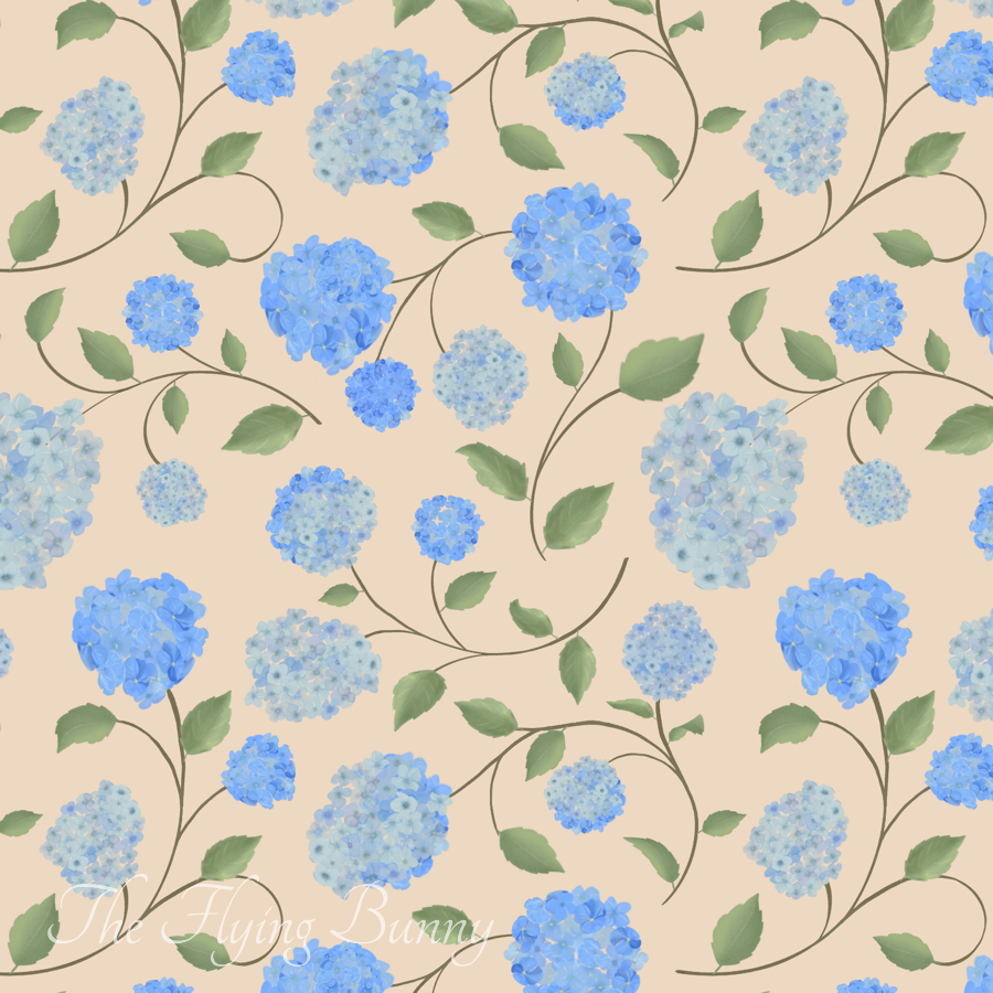 Blue hydrangea repeating pattern with winding green leaves and stems on a soft cream background.