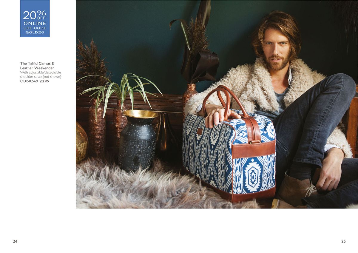 man wearing shaggy woollen jacket sat against dark blue wall with a blue and white holdall bag