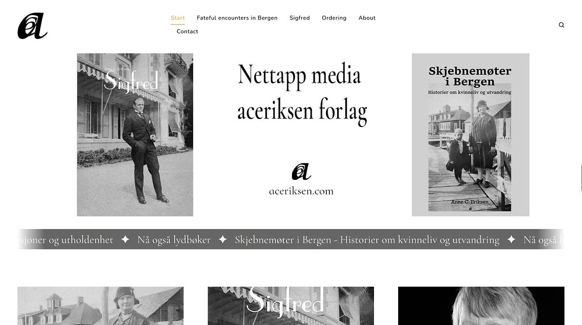 Anne C. Eriksen book author website in monochrome under the aceriksen forlag imprint