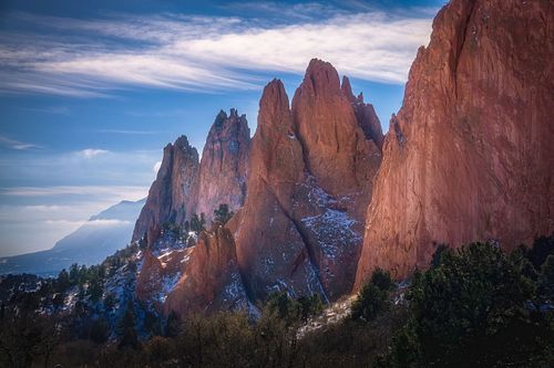 Mountains, ridge, hike, adventure, nature, landscape, Rocky Mountains, Colorado, winter, garden of the gods, sky, clouds, sun, cliffs, canyon, shadows, national park, snow, frozen, trees, front range, travel