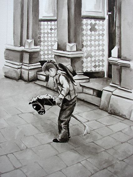 Black and white ink drawing of a young girl wearing a cowboy hat on a homemade stick horse in front of an Amsterdam tiled doorway