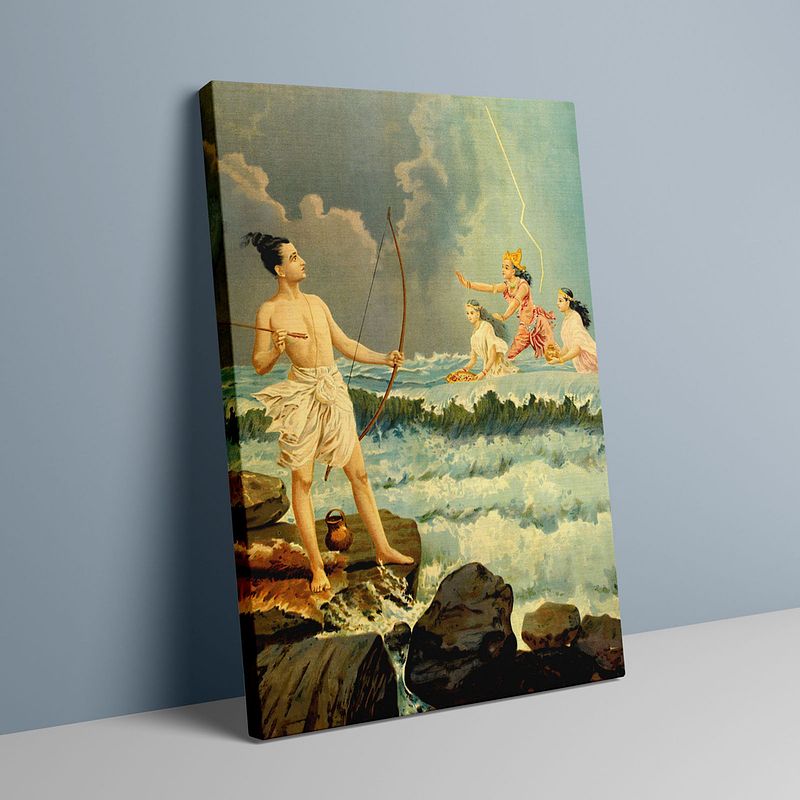 Sri Rama Vanquishing the Sea – A Divine Confrontation by Raja Ravi Verma