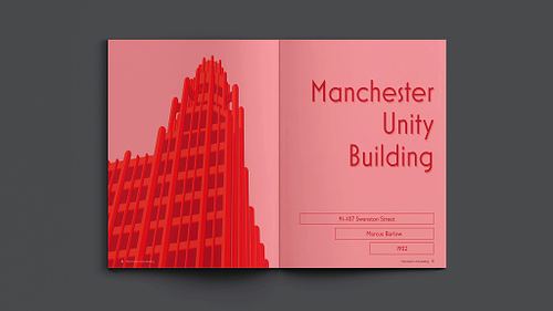 Double-page title spread of the publication showing a minimalist vector illustration of the Manchester Unity Building fa&ccedil;ade in red tones on the left page, and the chapter heading, address, architect, and year of completion on the right.