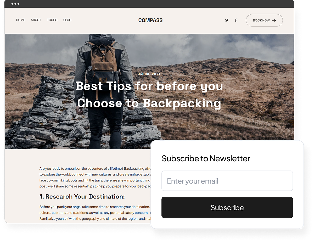 A blog post with a newsletter signup on a Pixpa site