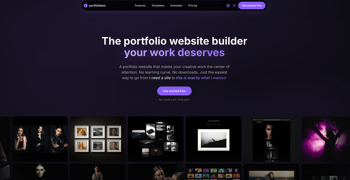 Portfoliobox homepage promoting the free portfolio website builder for creatives