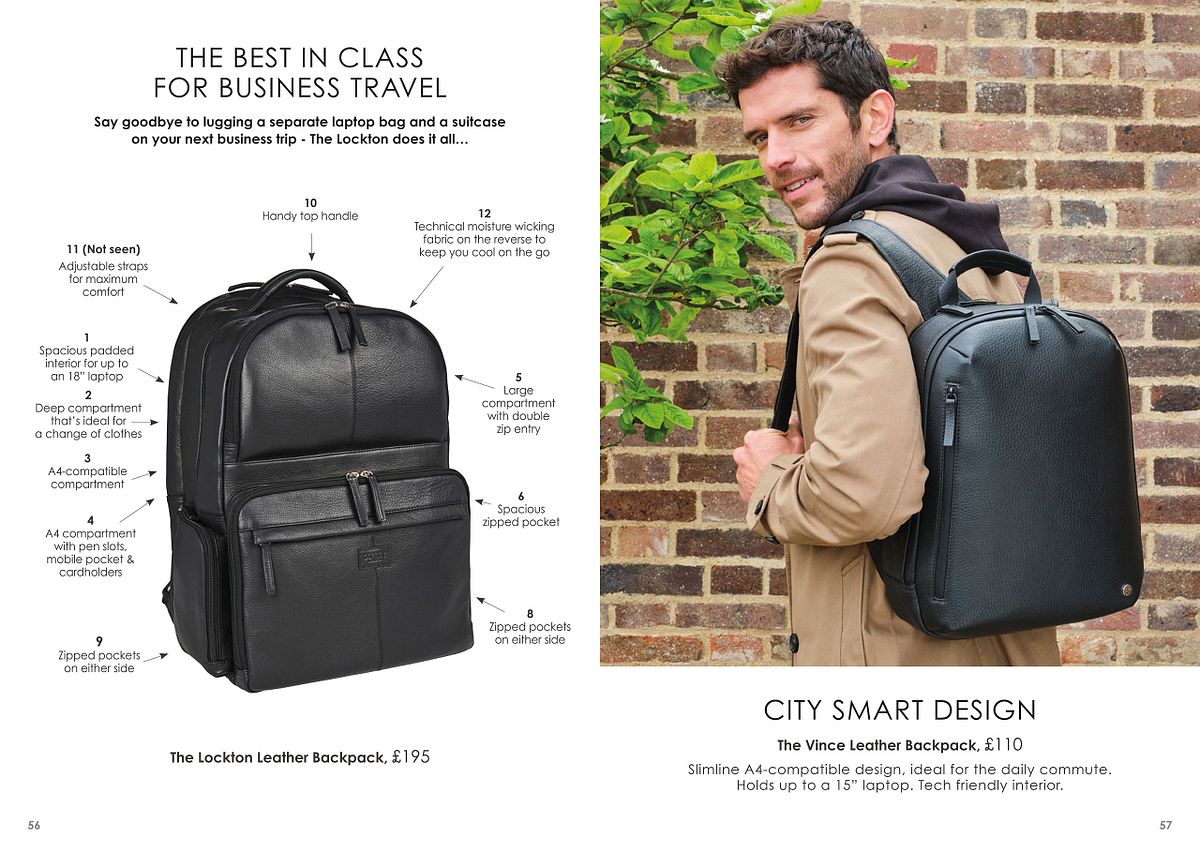 leather backpack being modelled by man in a tan jacket