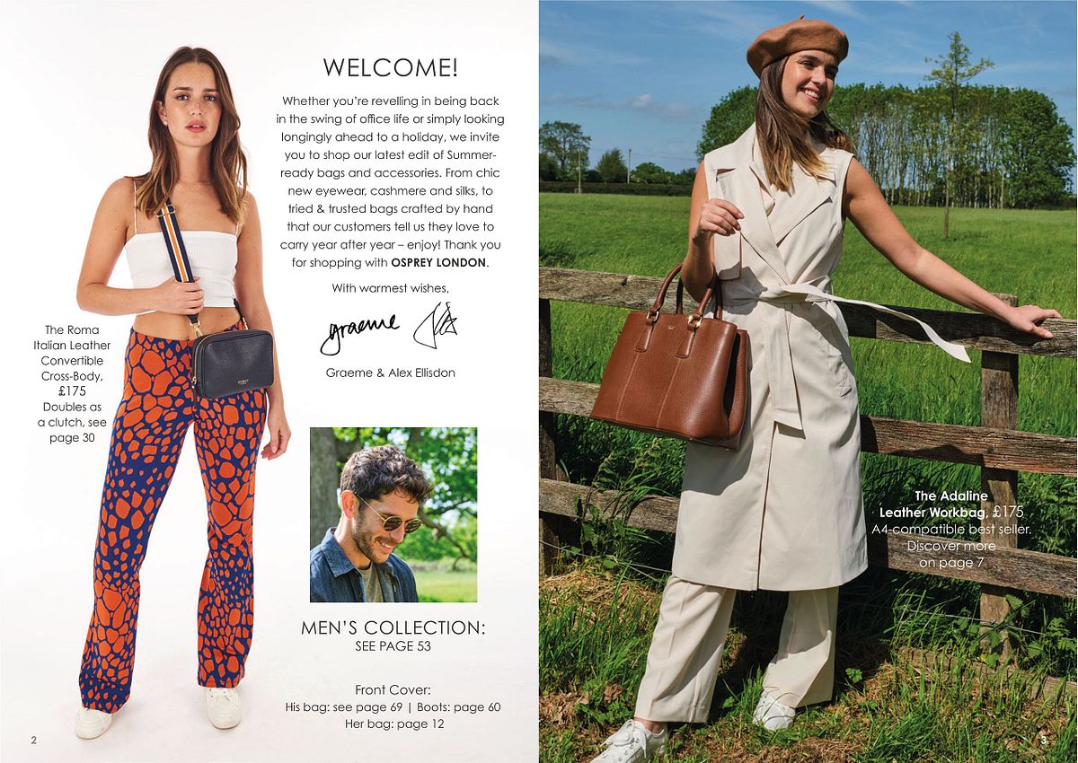catalogue spread showing models wearing summer clothes and carrying leather handbags