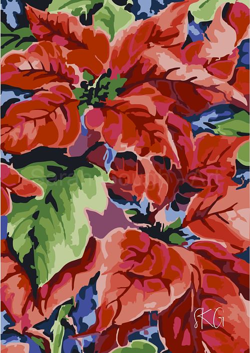 Vibrant watercolour poster print featuring a seasonal cluster of red poinsettia bracts and green leaves against a dark background.
