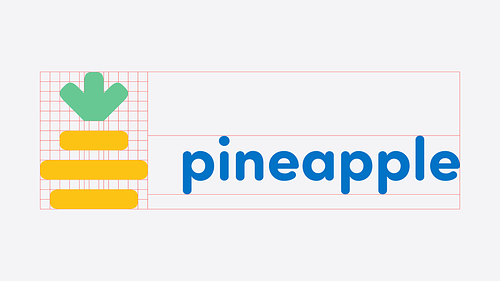 The primary stacked Pineapple logo, featuring a minimal geometric icon symbolising a stack of coins and bank notes in the shape of a pineapple, paired with a bold rounded font, shown with its underlying construction grid and guidelines visible.