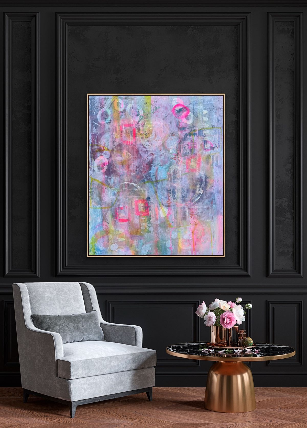 Abstraktes Acrylgemälde in Neonpink, Gelbgrün und Lavendel mit schwebenden Kreisen und Rechtecken, inspiriert von der Hippiebewegung, Friedenshoffnung, 120×100 cm,Sylvie Gasser, Abstract acrylic painting in neon pink, acid yellow and lavender with floating circles and rectangles, inspired by the hippie movement and the hope for peace, 120×100 cm