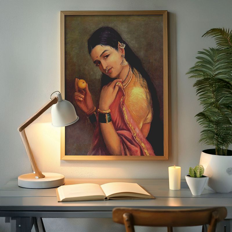 Woman with a Fruit – A Timeless Portrait of Grace and Contemplation by Raja Ravi Verma
