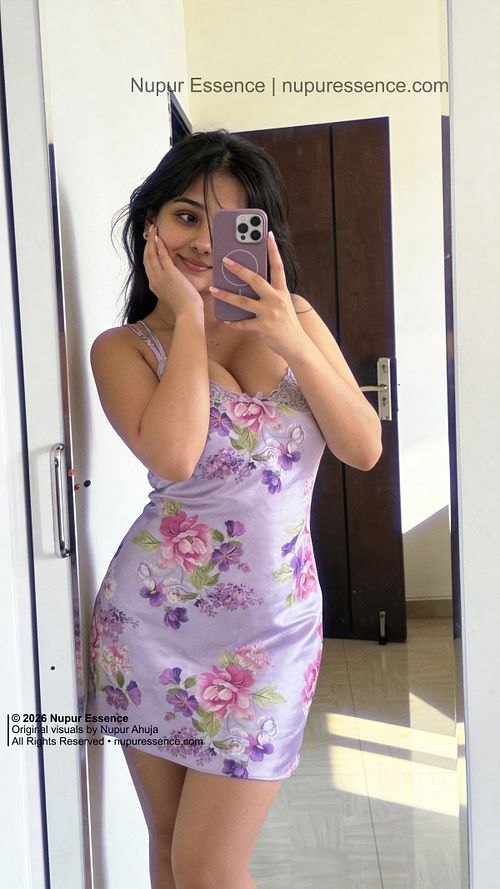Nupur Ahuja for Nupur Essence wearing a lilac floral dress in an indoor mirror portrait