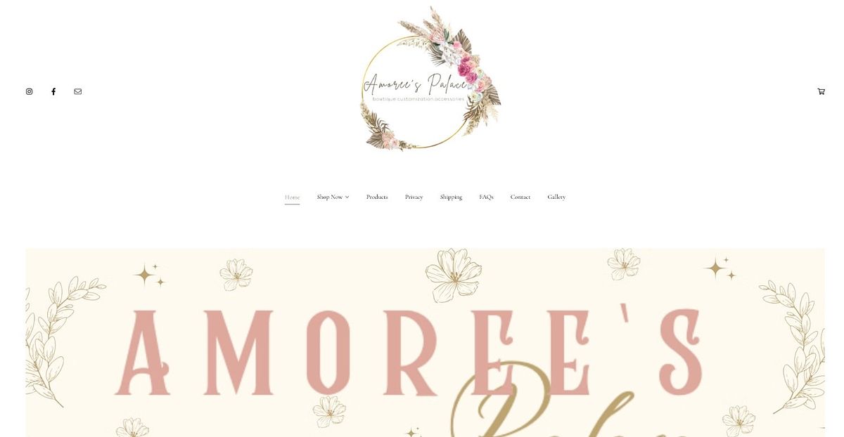 Amoree's Palace homepage with a hand-drawn floral wreath logo and Shipping and FAQs in the top navigation