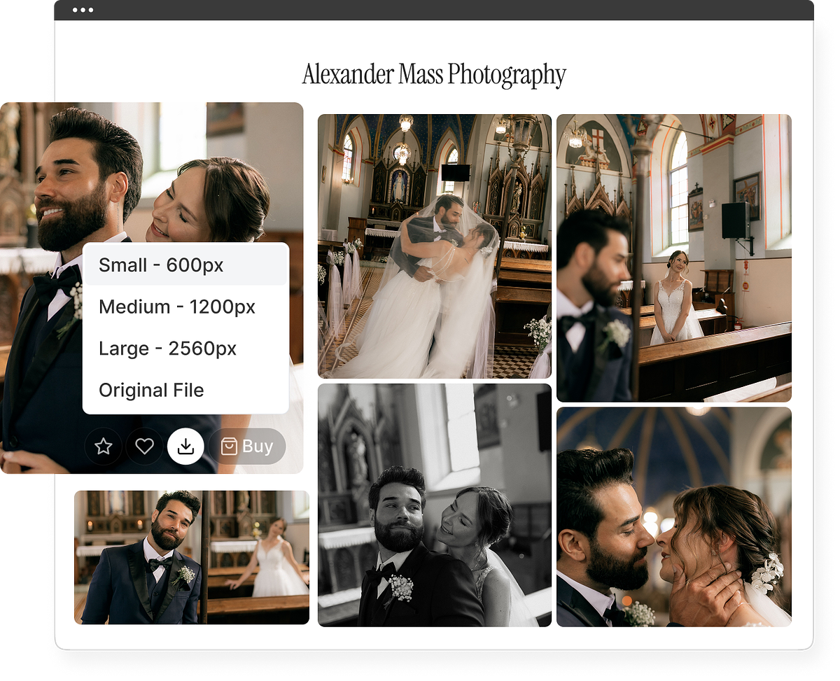 A Pixpa Galerie, die digitale Downloads mit verschiedenen Größenoptionen verkauft