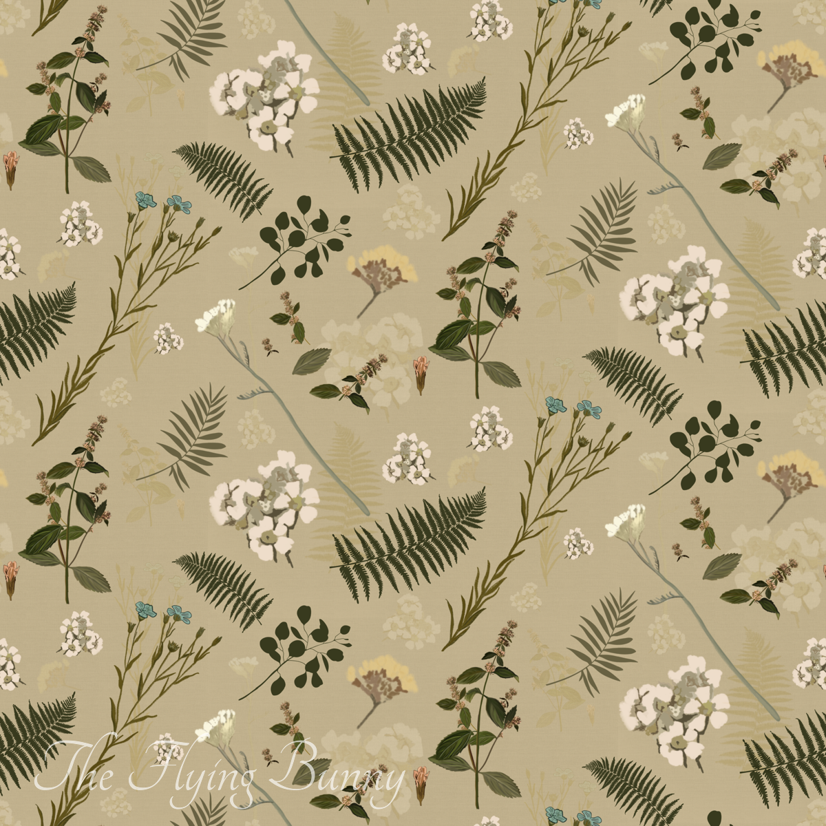 Seamless botanical pattern of wildflowers, fern fronds, leafy stems, and herbarium-inspired plants on a warm beige background.