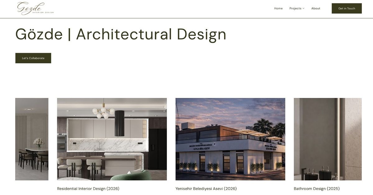 Gozde architectural design portfolio, white layout with olive accents and dated projects, Turkiye