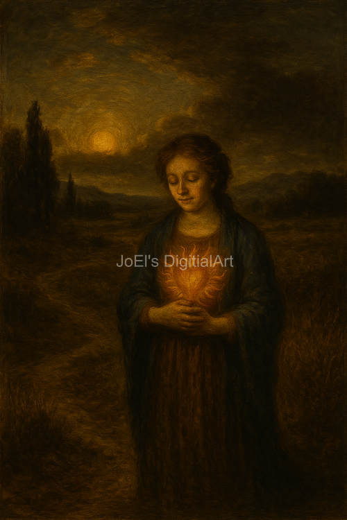 Figur mit leuchtendem Herz in dunkler, atmosphärischer Landschaft