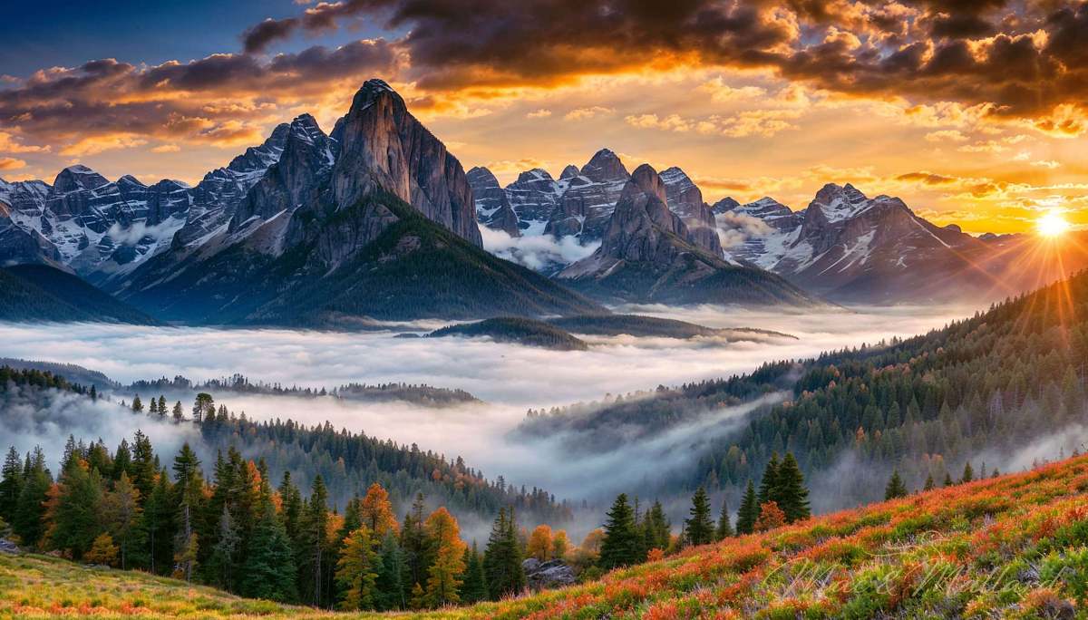 Majestic Sunrise Over Rugged Mountain Peaks With Mist-Filled Valleys and Lush Forest