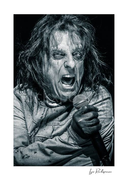 Vertical black and white image of Alice Cooper performing live on stage with intense horror makeup, wild hair, and a microphone held in a black glove